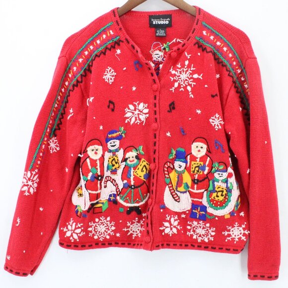 Vintage Designs Originals Studio Christmas Cardigan Embroidered Ramie L 90s - Picture 1 of 9